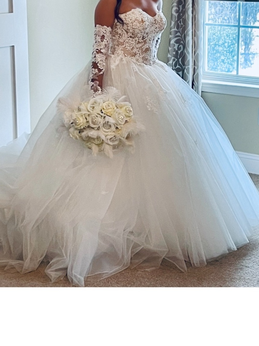 custom made Ivory Off-Shoulder Lace Ball Gown Wedding Dress size 2/4 - Picture 5 of 12